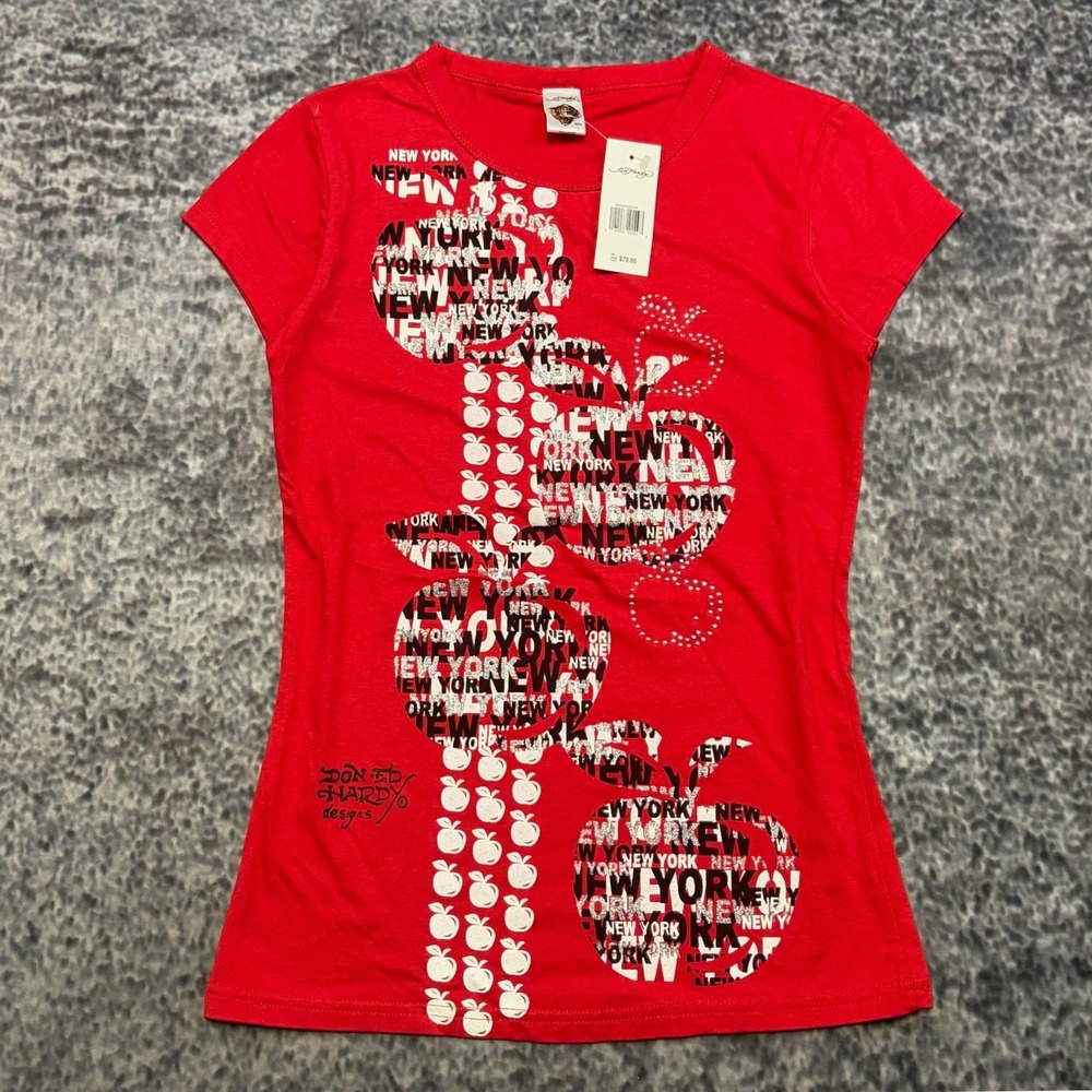 NWT Ed Hardy Short Sleeve Top Womens Large Red New York Big Apple Grunge Y2K